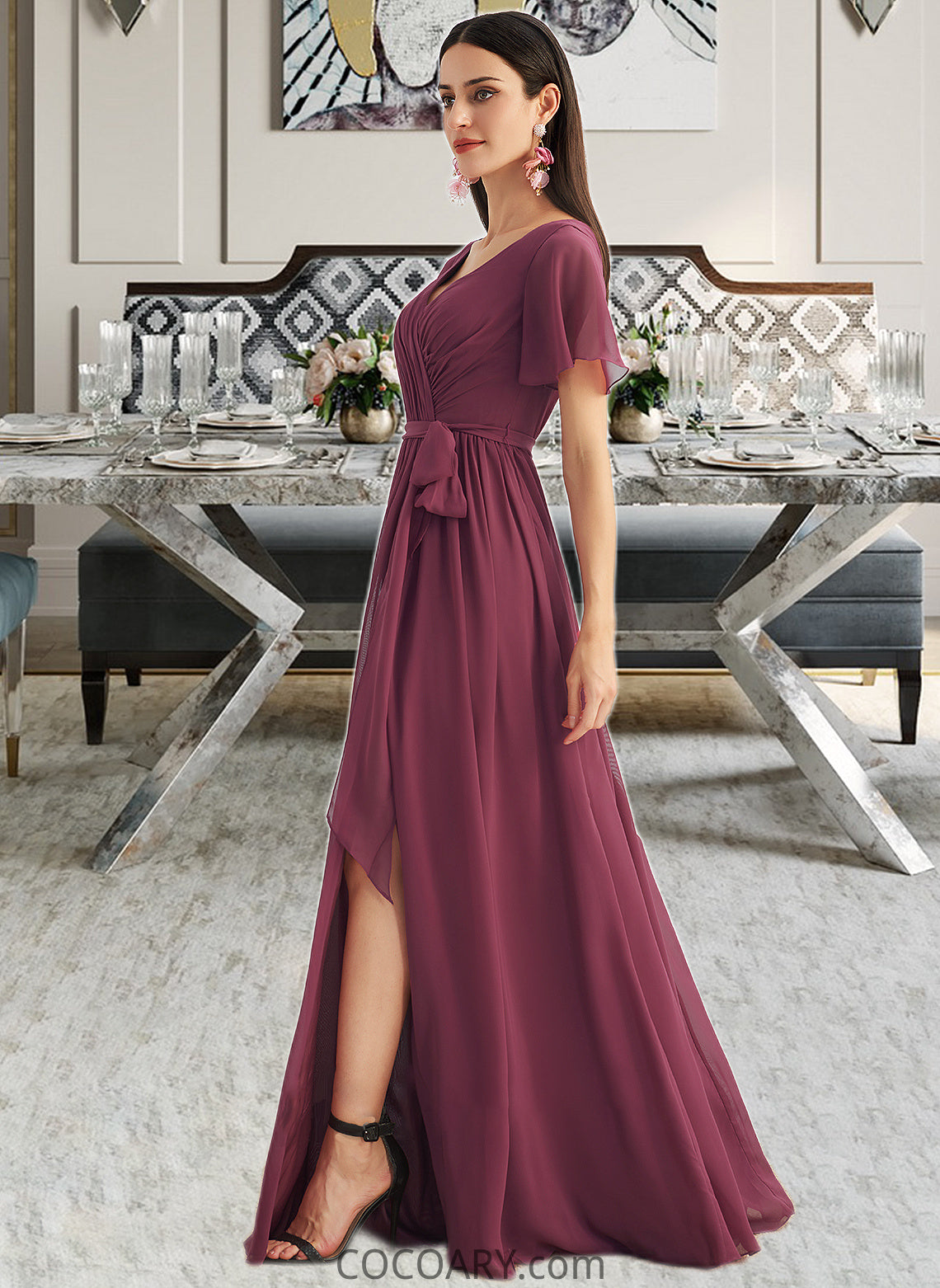 Katharine A-Line V-neck Floor-Length Bridesmaid Dress With Split Front DA8P0012829