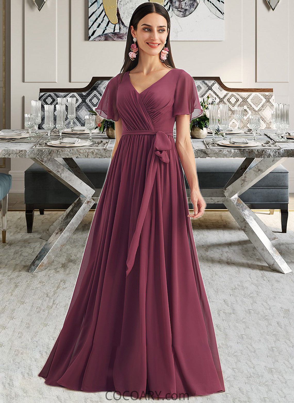 Katharine A-Line V-neck Floor-Length Bridesmaid Dress With Split Front DA8P0012829