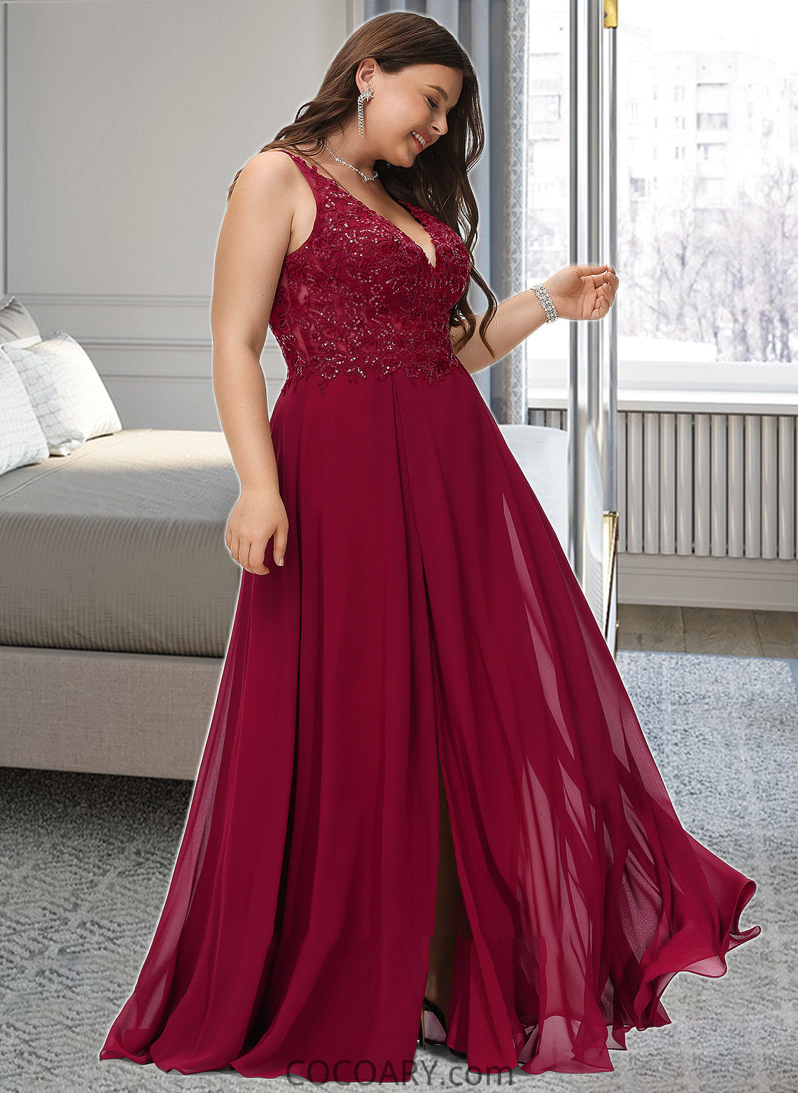 Lia A-Line V-neck Floor-Length Chiffon Bridesmaid Dress With Lace Sequins Split Front DA8P0012830