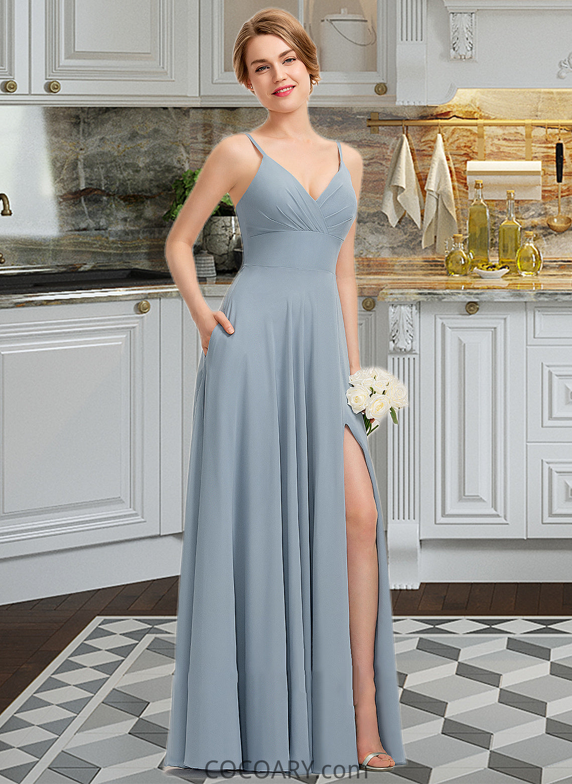 Kyla A-Line V-neck Floor-Length Chiffon Bridesmaid Dress With Ruffle Pockets DA8P0012834