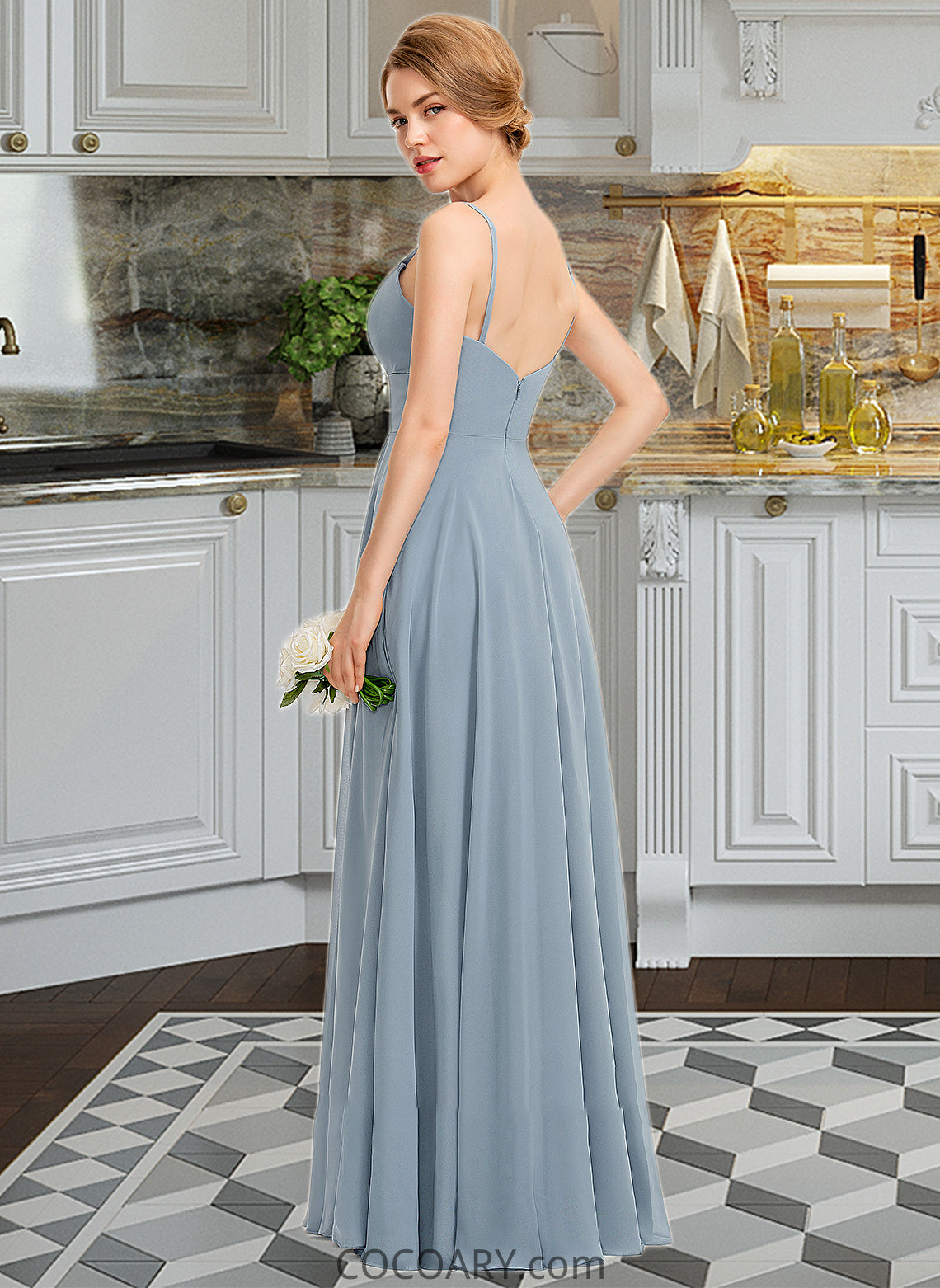 Kyla A-Line V-neck Floor-Length Chiffon Bridesmaid Dress With Ruffle Pockets DA8P0012834