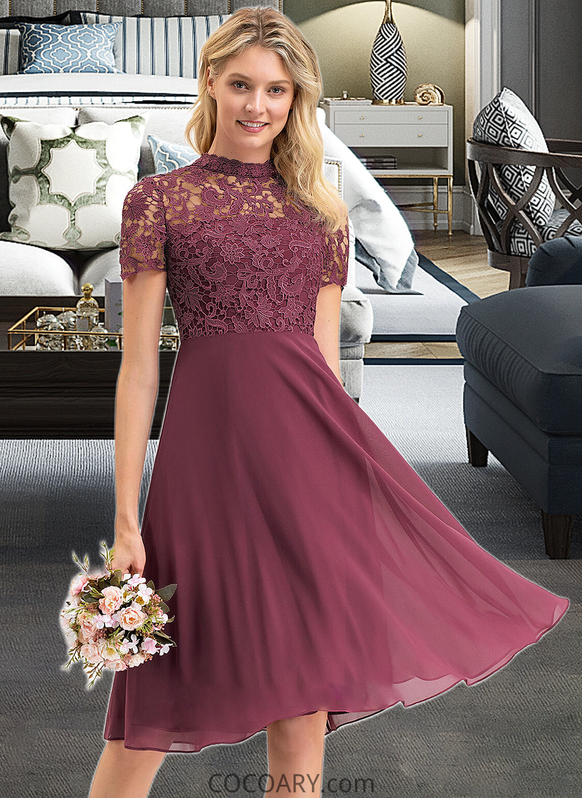 Sonia A-Line Scoop Neck Knee-Length Chiffon Lace Bridesmaid Dress DA8P0012836