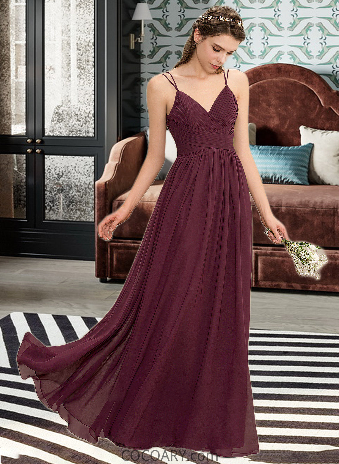 Lana A-line V-Neck Floor-Length Chiffon Lace Bridesmaid Dress With Ruffle DA8P0012839