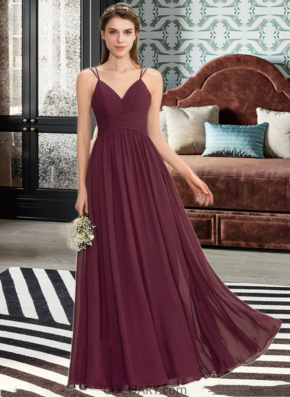 Lana A-line V-Neck Floor-Length Chiffon Lace Bridesmaid Dress With Ruffle DA8P0012839