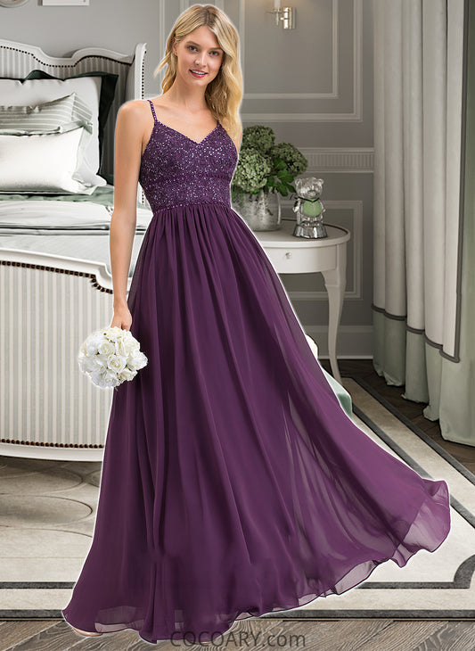 Jewel A-line V-Neck Floor-Length Chiffon Lace Bridesmaid Dress With Beading Sequins DA8P0012840