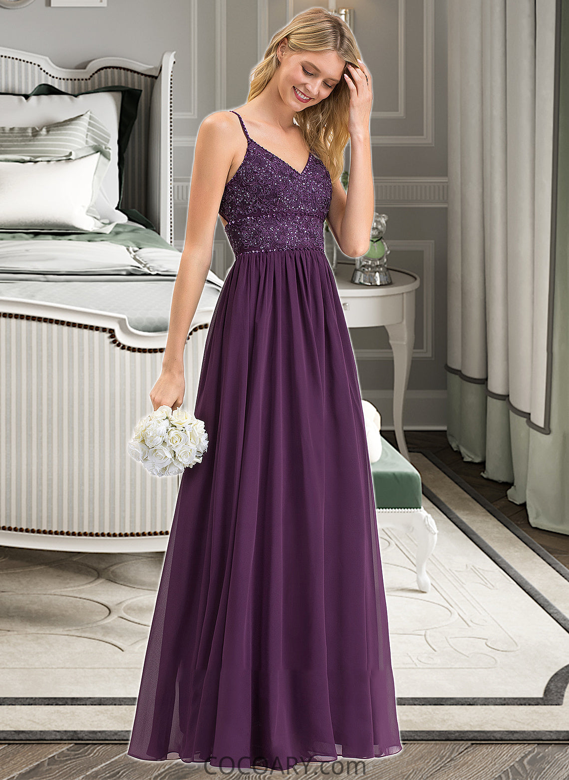 Jewel A-line V-Neck Floor-Length Chiffon Lace Bridesmaid Dress With Beading Sequins DA8P0012840