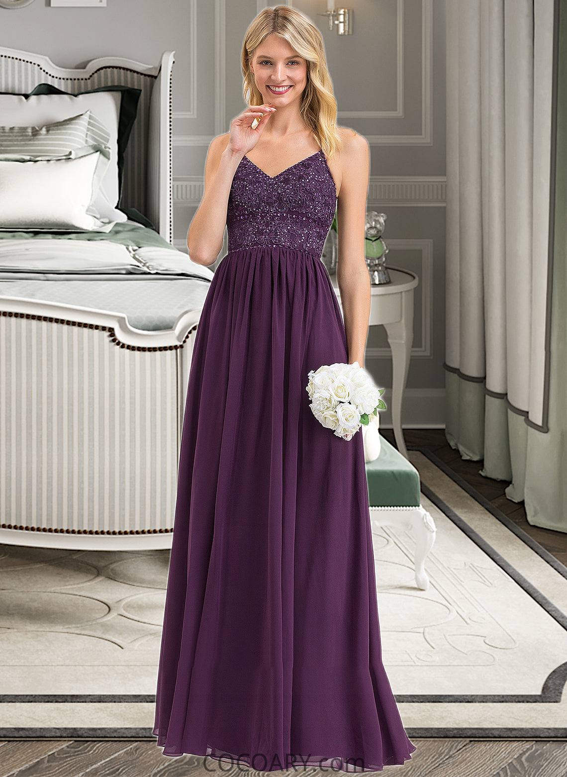 Jewel A-line V-Neck Floor-Length Chiffon Lace Bridesmaid Dress With Beading Sequins DA8P0012840