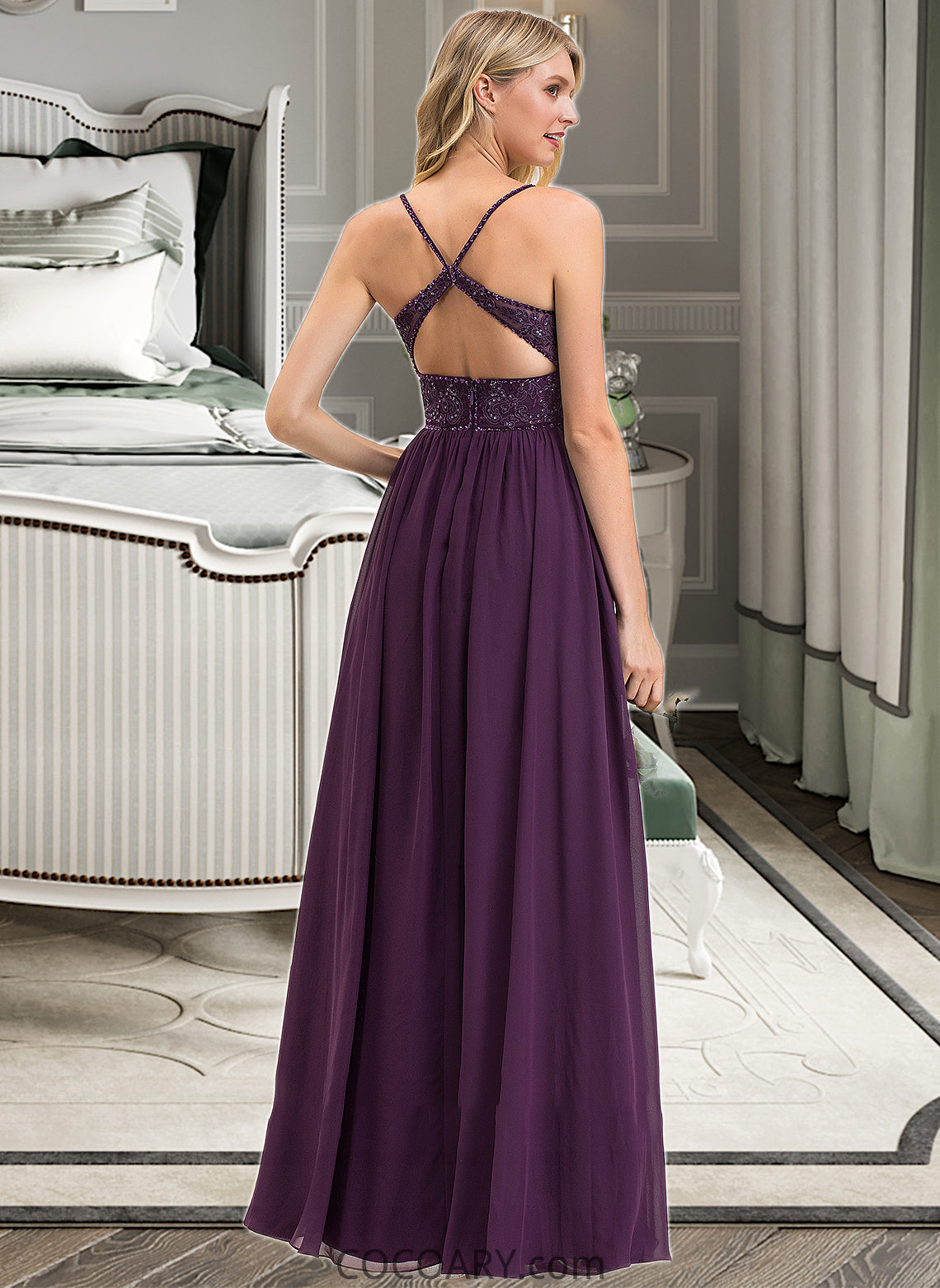 Jewel A-line V-Neck Floor-Length Chiffon Lace Bridesmaid Dress With Beading Sequins DA8P0012840