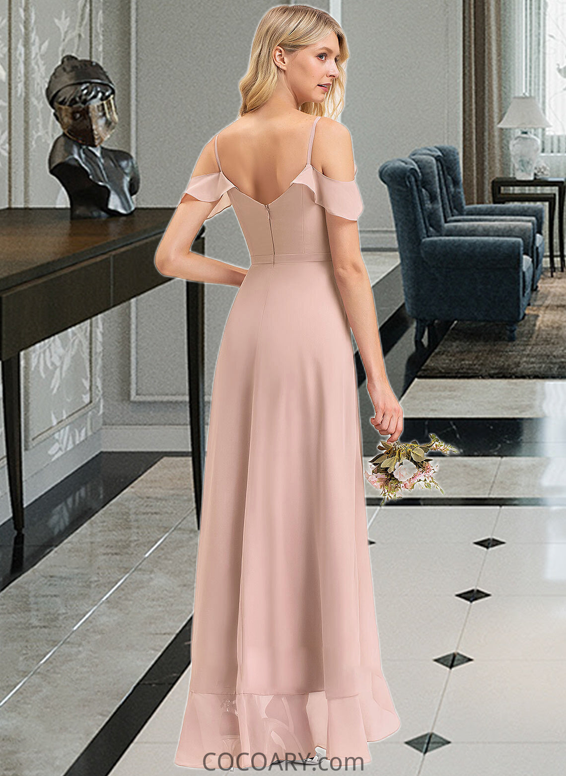 Alisa A-line V-Neck Asymmetrical Chiffon Bridesmaid Dress With Cascading Ruffles DA8P0012841