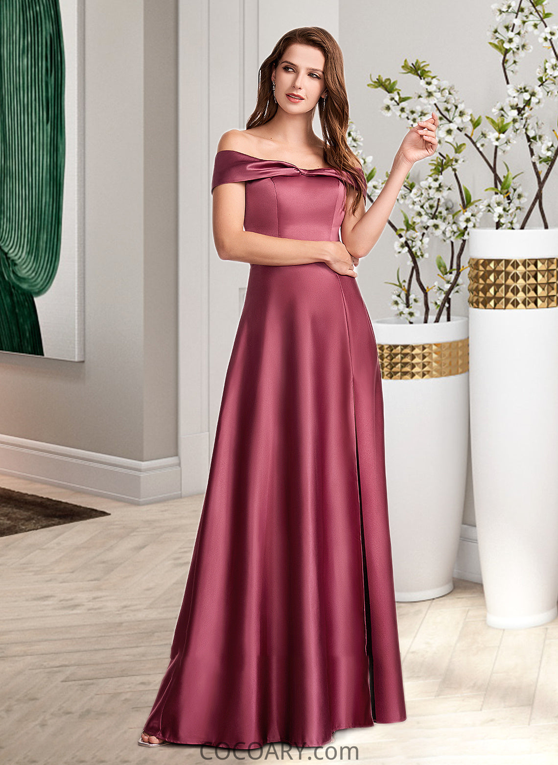 Lea A-Line Off-the-Shoulder Floor-Length Bridesmaid Dress With Split Front DA8P0012845