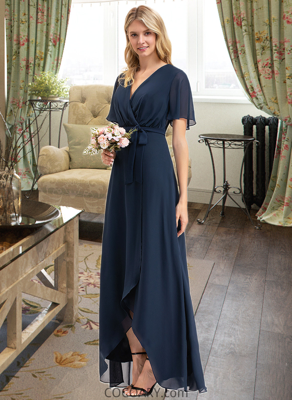 Prudence A-LineV-neckAsymmetricalChiffonBridesmaidDressWithBow(s)#251390 DA8P0012846