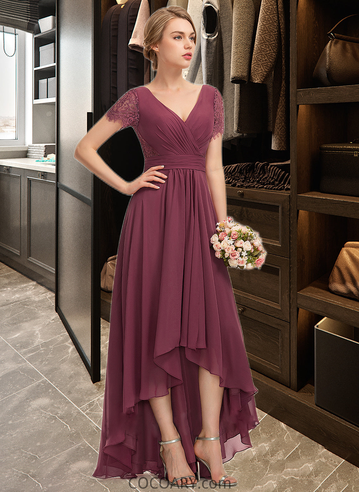 Alivia A-Line V-neck Asymmetrical Chiffon Lace Bridesmaid Dress With Ruffle DA8P0012850