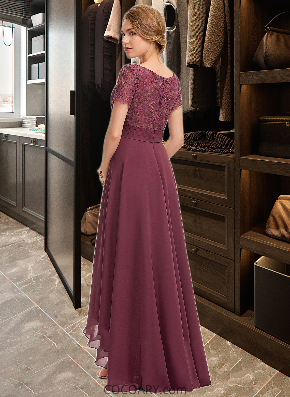 Alivia A-Line V-neck Asymmetrical Chiffon Lace Bridesmaid Dress With Ruffle DA8P0012850