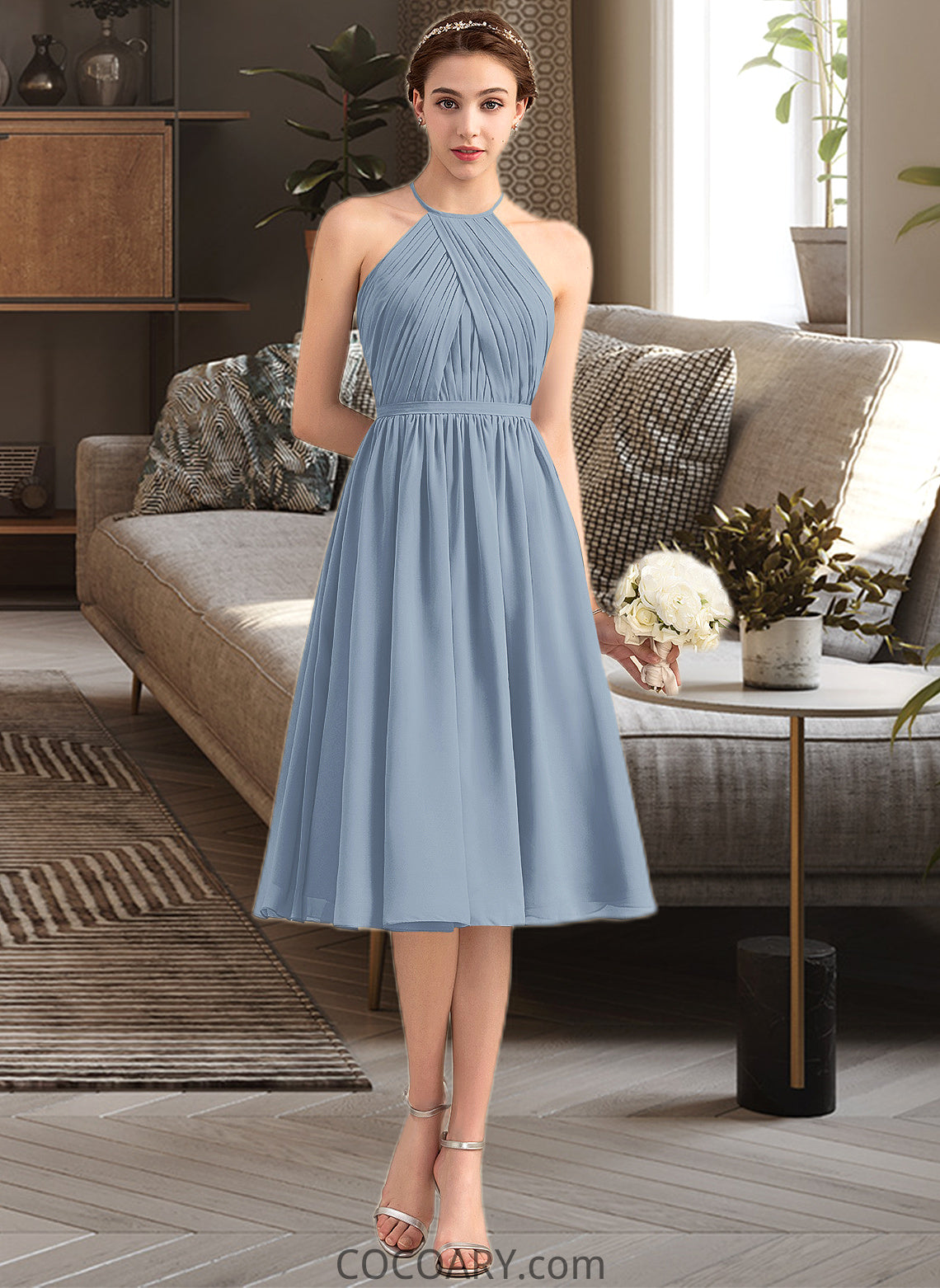 Julianne A-Line Scoop Neck Knee-Length Chiffon Bridesmaid Dress With Ruffle DA8P0012853