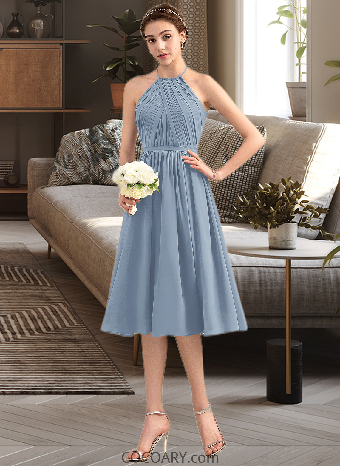 Julianne A-Line Scoop Neck Knee-Length Chiffon Bridesmaid Dress With Ruffle DA8P0012853