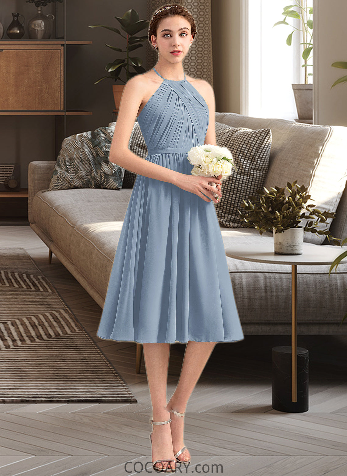 Julianne A-Line Scoop Neck Knee-Length Chiffon Bridesmaid Dress With Ruffle DA8P0012853