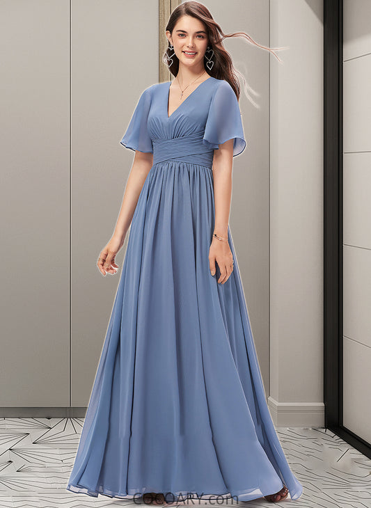 Brittany A-line V-Neck Floor-Length Chiffon Bridesmaid Dress With Ruffle DA8P0012857