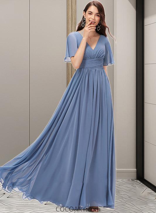 Brittany A-line V-Neck Floor-Length Chiffon Bridesmaid Dress With Ruffle DA8P0012857