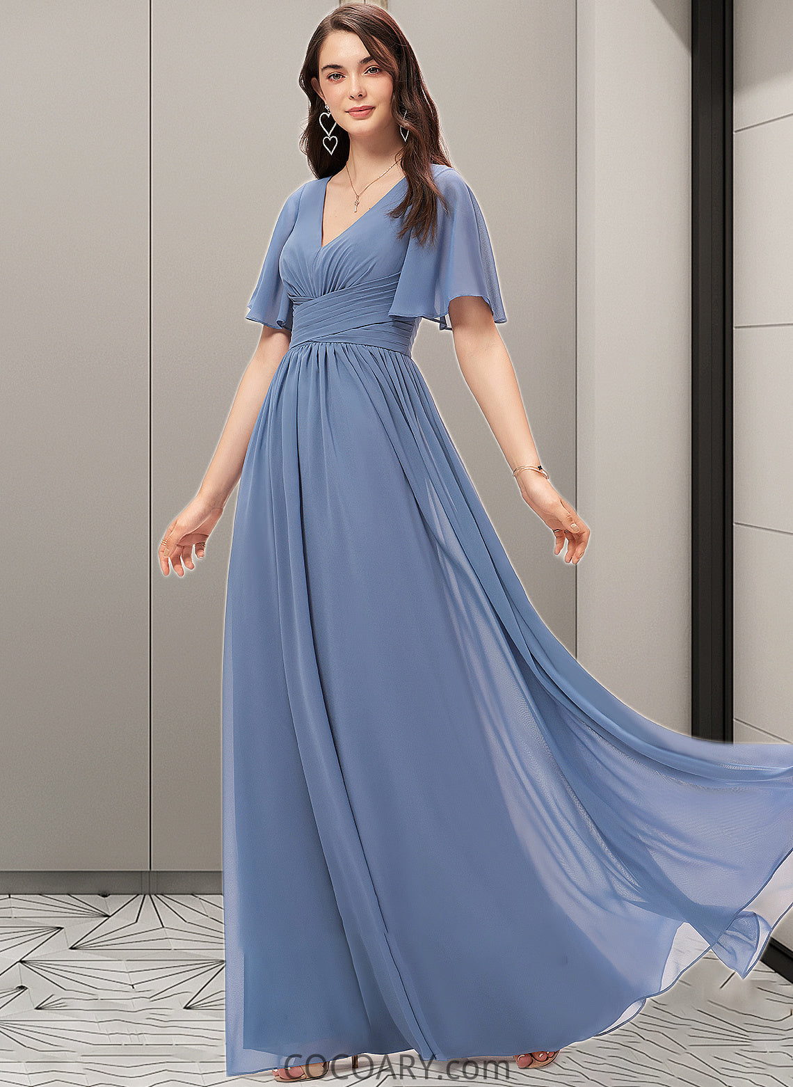 Brittany A-line V-Neck Floor-Length Chiffon Bridesmaid Dress With Ruffle DA8P0012857