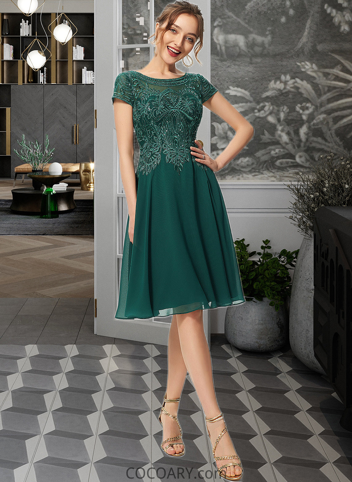 Destinee A-Line Scoop Neck Knee-Length Chiffon Lace Bridesmaid Dress With Sequins DA8P0012863