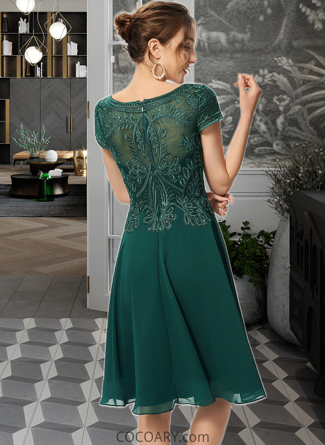 Destinee A-Line Scoop Neck Knee-Length Chiffon Lace Bridesmaid Dress With Sequins DA8P0012863