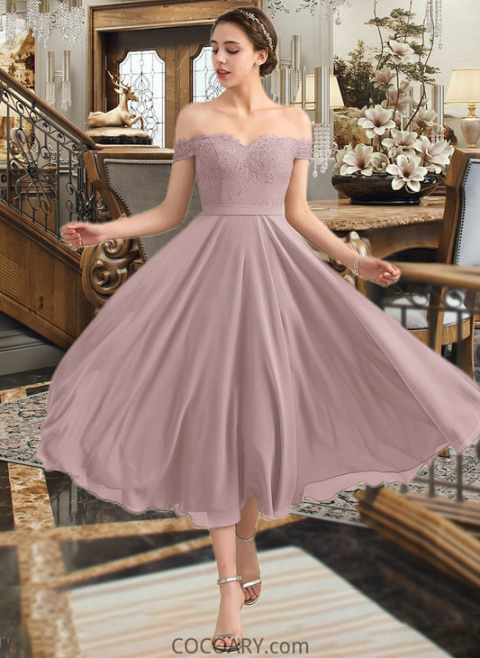 Justine A-Line Off-the-Shoulder Tea-Length Chiffon Lace Bridesmaid Dress With Beading Sequins DA8P0012867