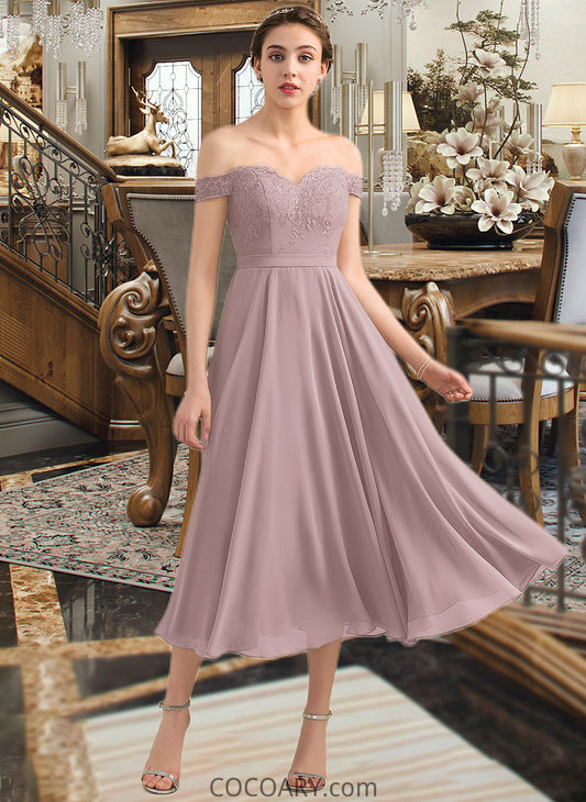 Justine A-Line Off-the-Shoulder Tea-Length Chiffon Lace Bridesmaid Dress With Beading Sequins DA8P0012867