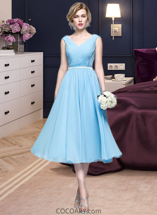 June A-Line V-neck Tea-Length Chiffon Bridesmaid Dress With Ruffle DA8P0012871