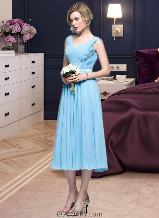 June A-Line V-neck Tea-Length Chiffon Bridesmaid Dress With Ruffle DA8P0012871