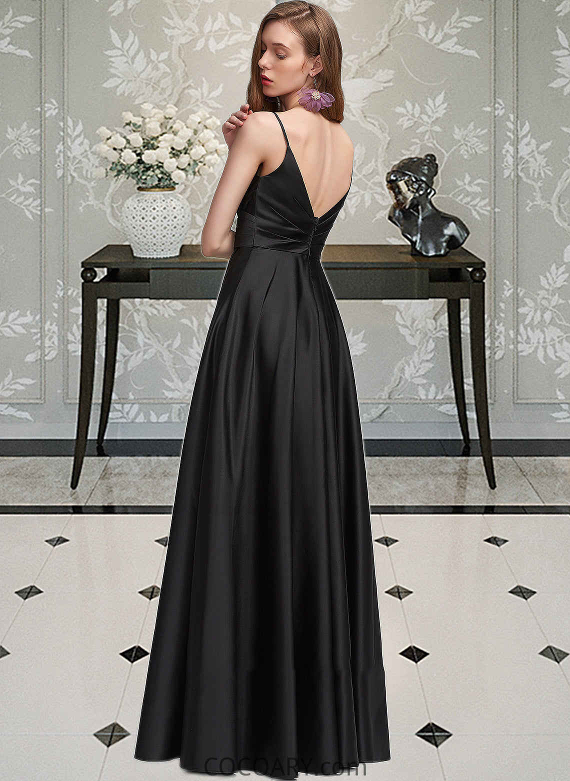 Raelynn A-Line V-neck Floor-Length Satin Bridesmaid Dress With Ruffle Split Front DA8P0012872