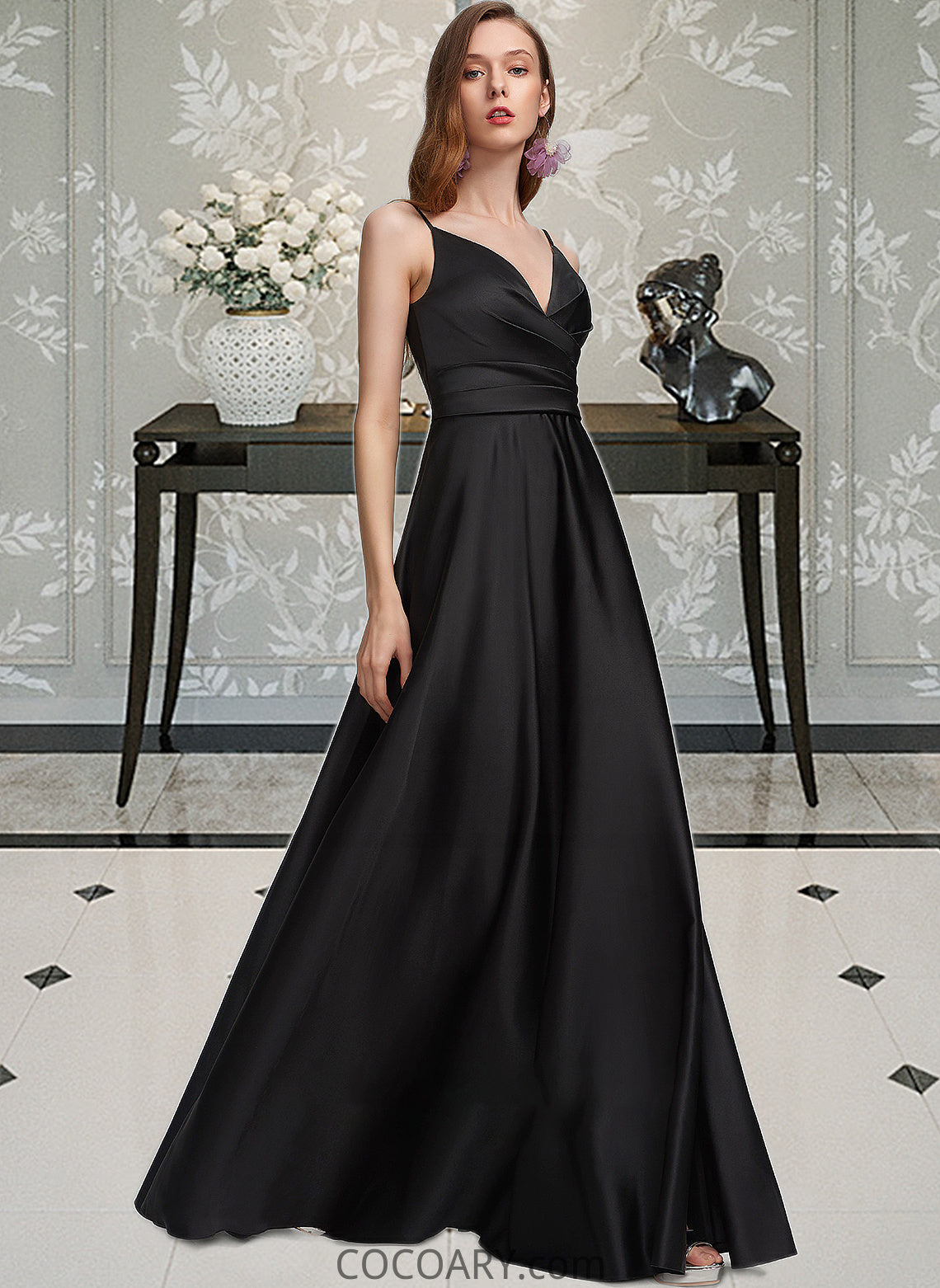 Raelynn A-Line V-neck Floor-Length Satin Bridesmaid Dress With Ruffle Split Front DA8P0012872