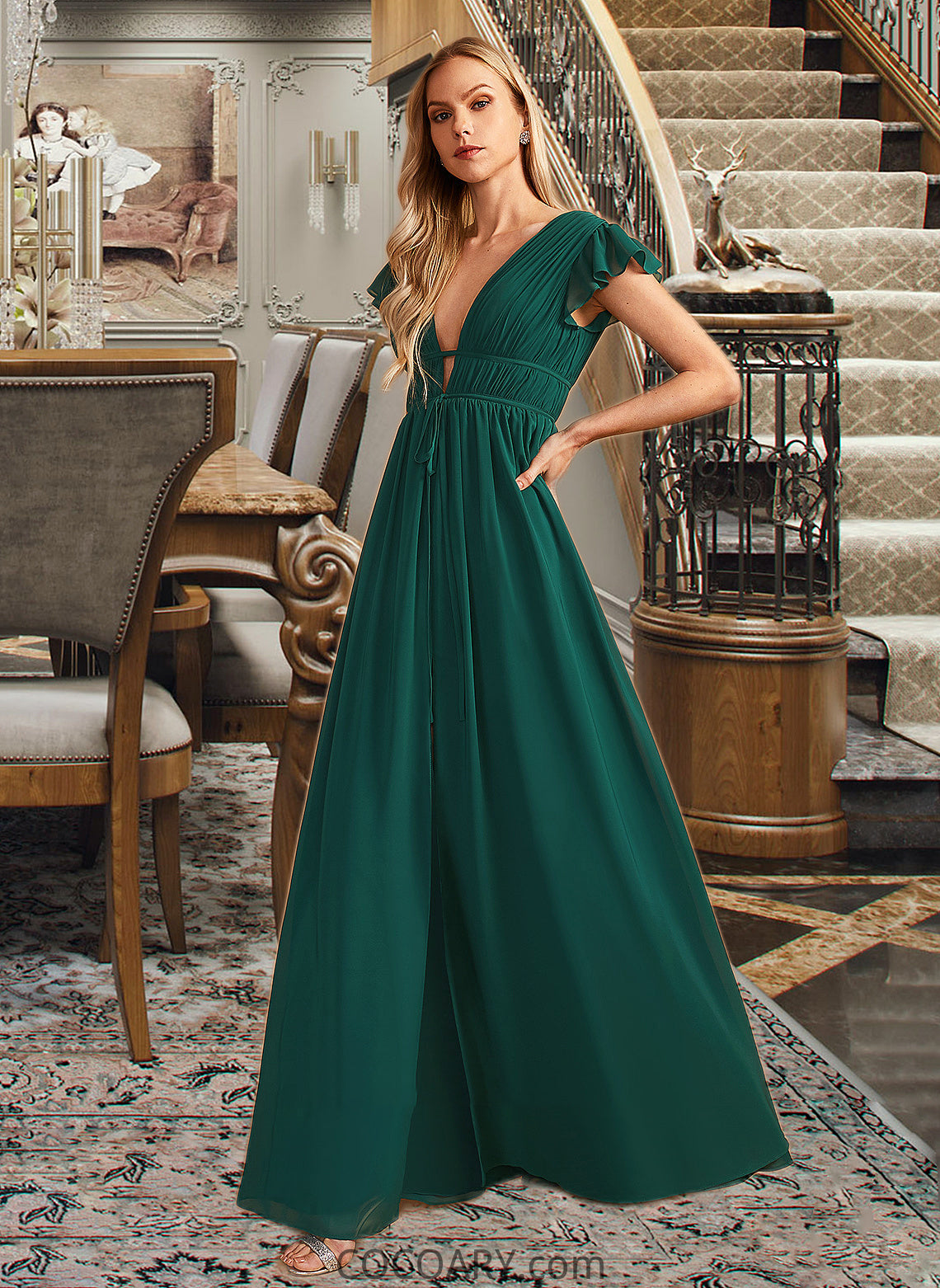 Melinda A-Line V-neck Floor-Length Bridesmaid Dress With Split Front DA8P0012874