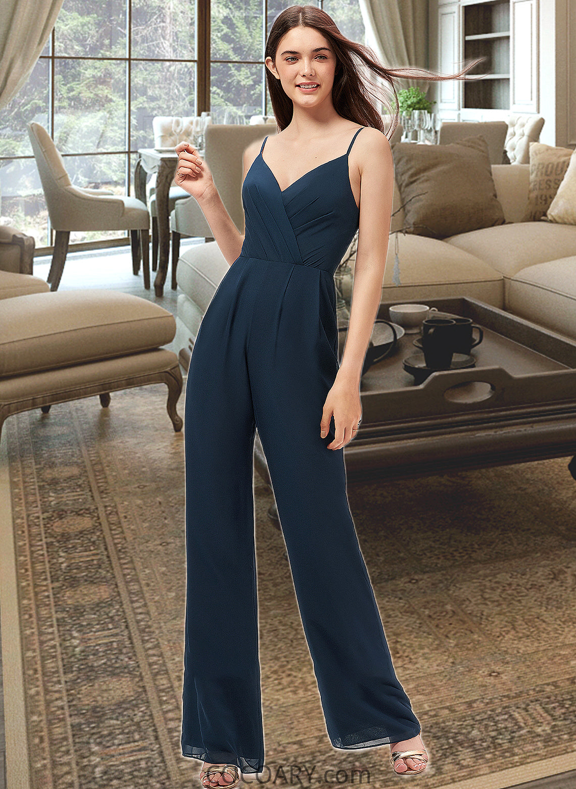 Giovanna Jumpsuit/Pantsuit V-Neck Floor-Length Chiffon Bridesmaid Dress With Ruffle DA8P0012877