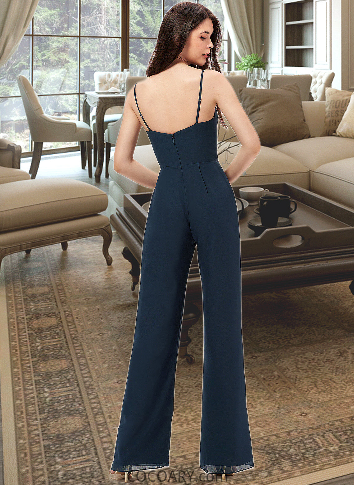 Giovanna Jumpsuit/Pantsuit V-Neck Floor-Length Chiffon Bridesmaid Dress With Ruffle DA8P0012877