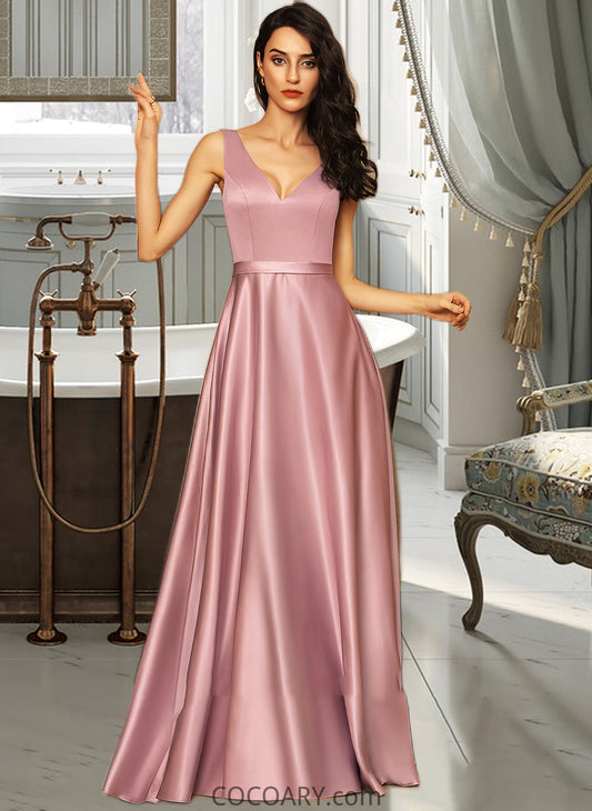 Elianna Ball-Gown/Princess V-neck Floor-Length Satin Bridesmaid Dress With Pockets DA8P0012880