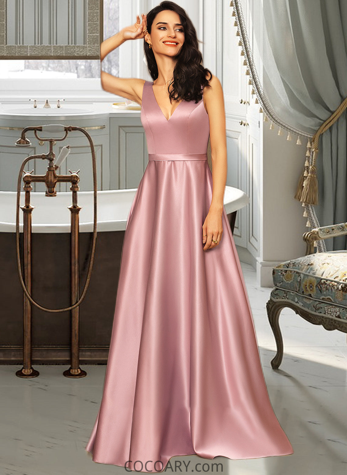 Elianna Ball-Gown/Princess V-neck Floor-Length Satin Bridesmaid Dress With Pockets DA8P0012880