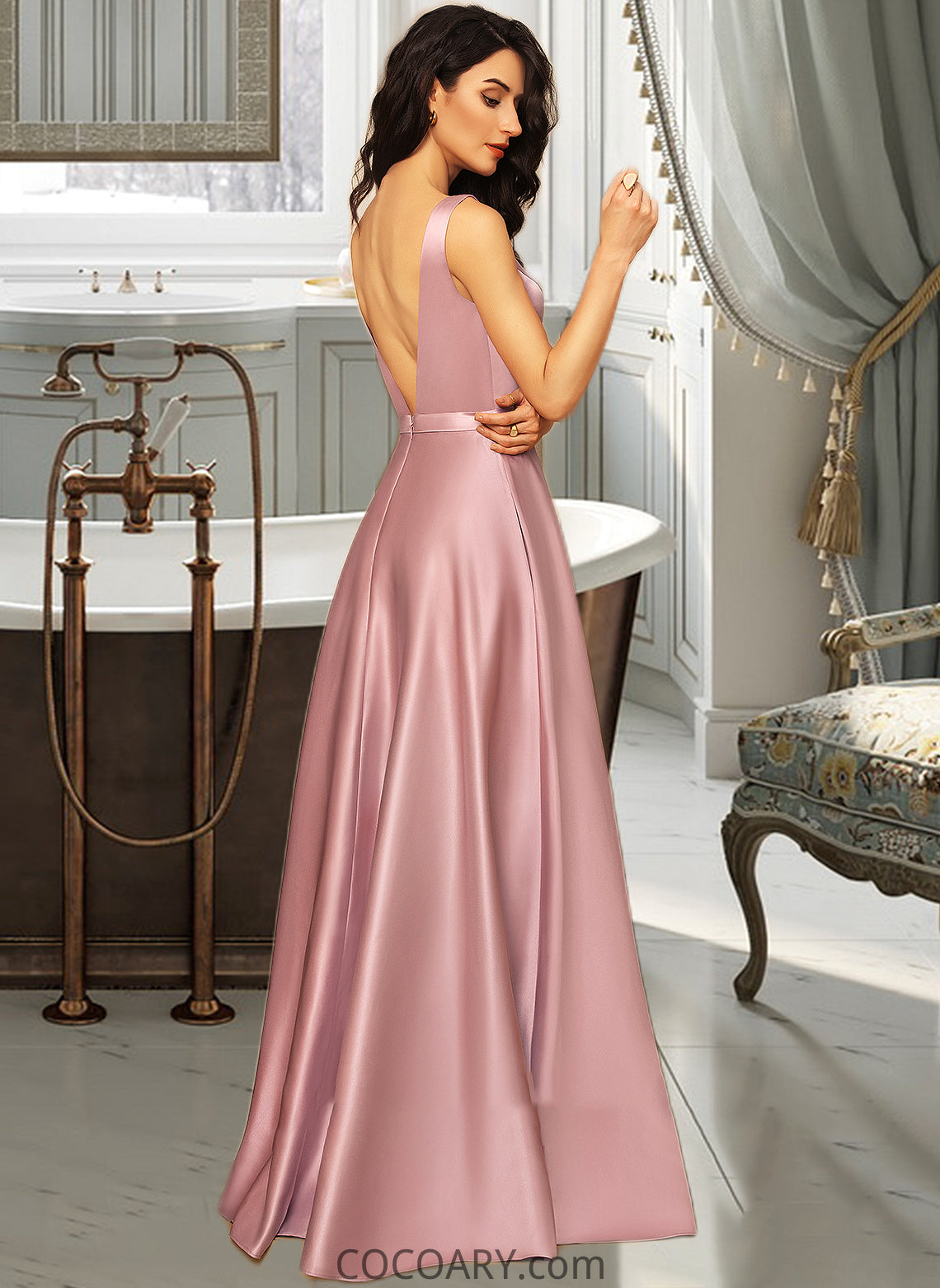 Elianna Ball-Gown/Princess V-neck Floor-Length Satin Bridesmaid Dress With Pockets DA8P0012880