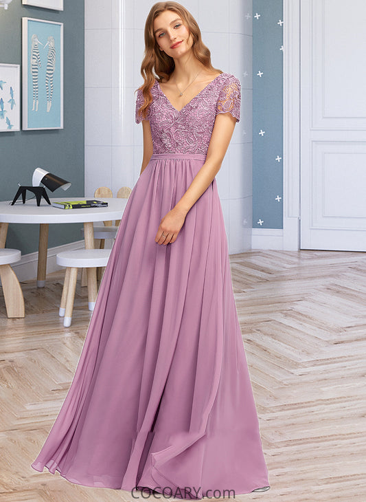 Julianne A-Line V-neck Floor-Length Chiffon Bridesmaid Dress With Split Front DA8P0012890