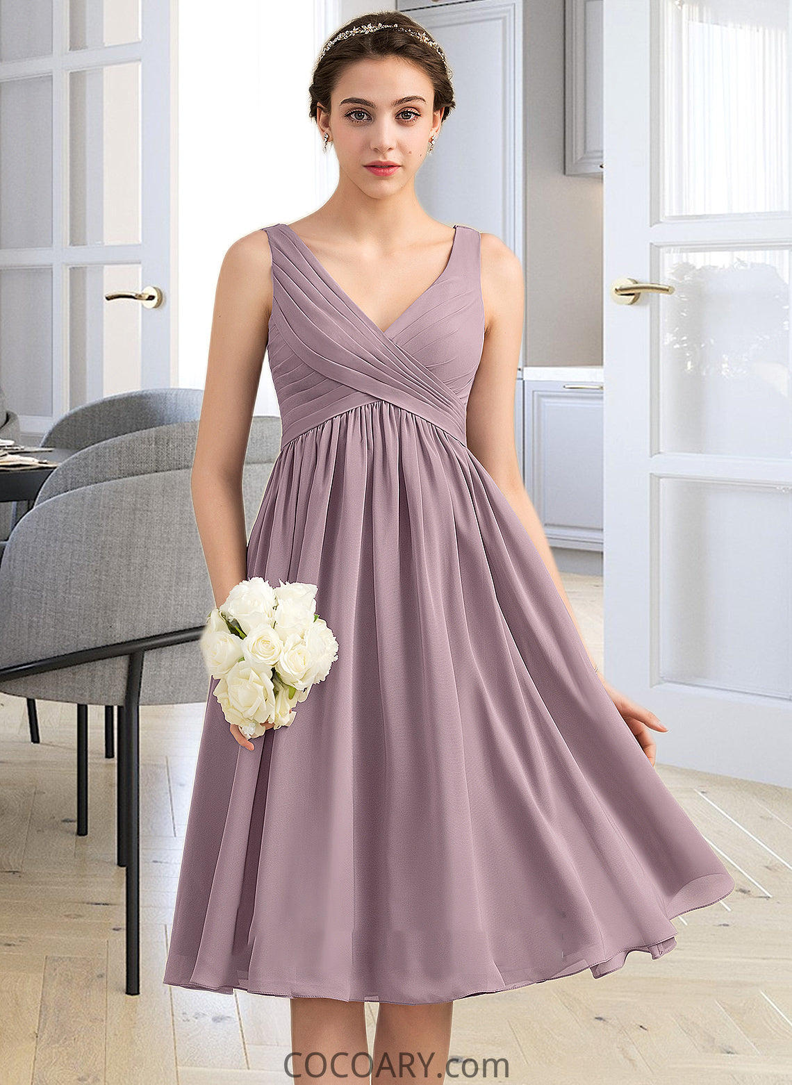 Juliana Empire V-Neck Knee-Length Chiffon Bridesmaid Dress With Cascading Ruffles DA8P0012901