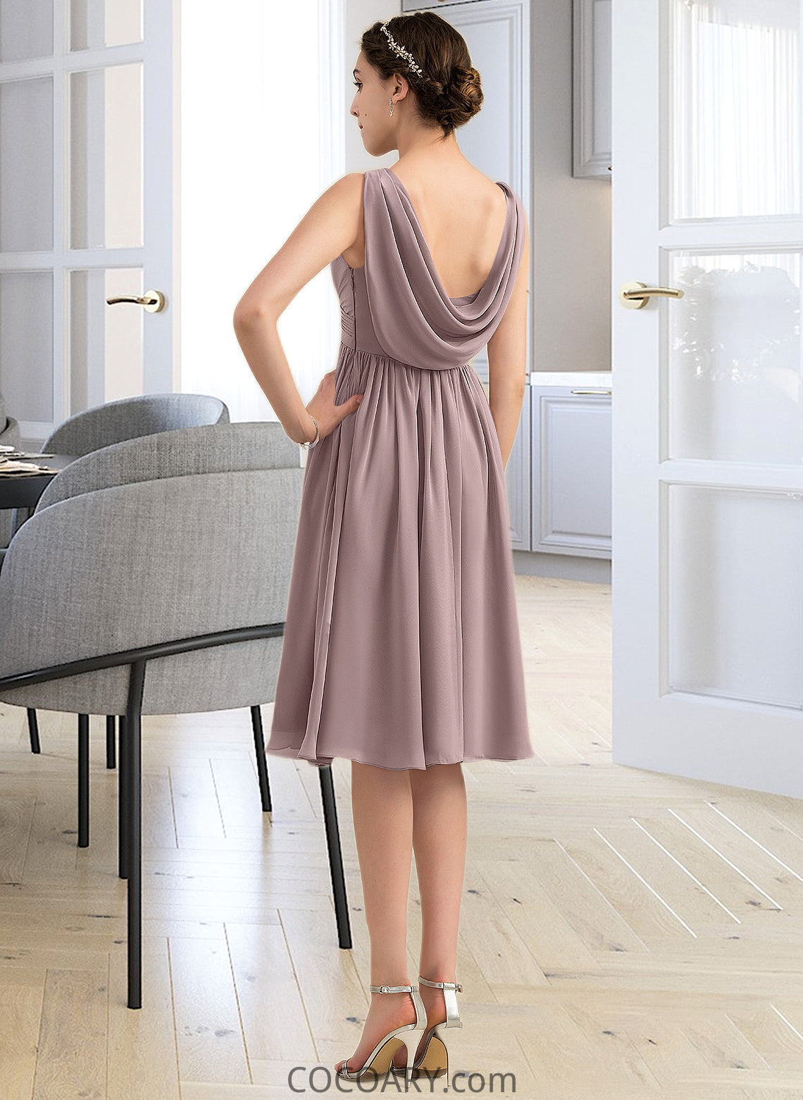 Juliana Empire V-Neck Knee-Length Chiffon Bridesmaid Dress With Cascading Ruffles DA8P0012901