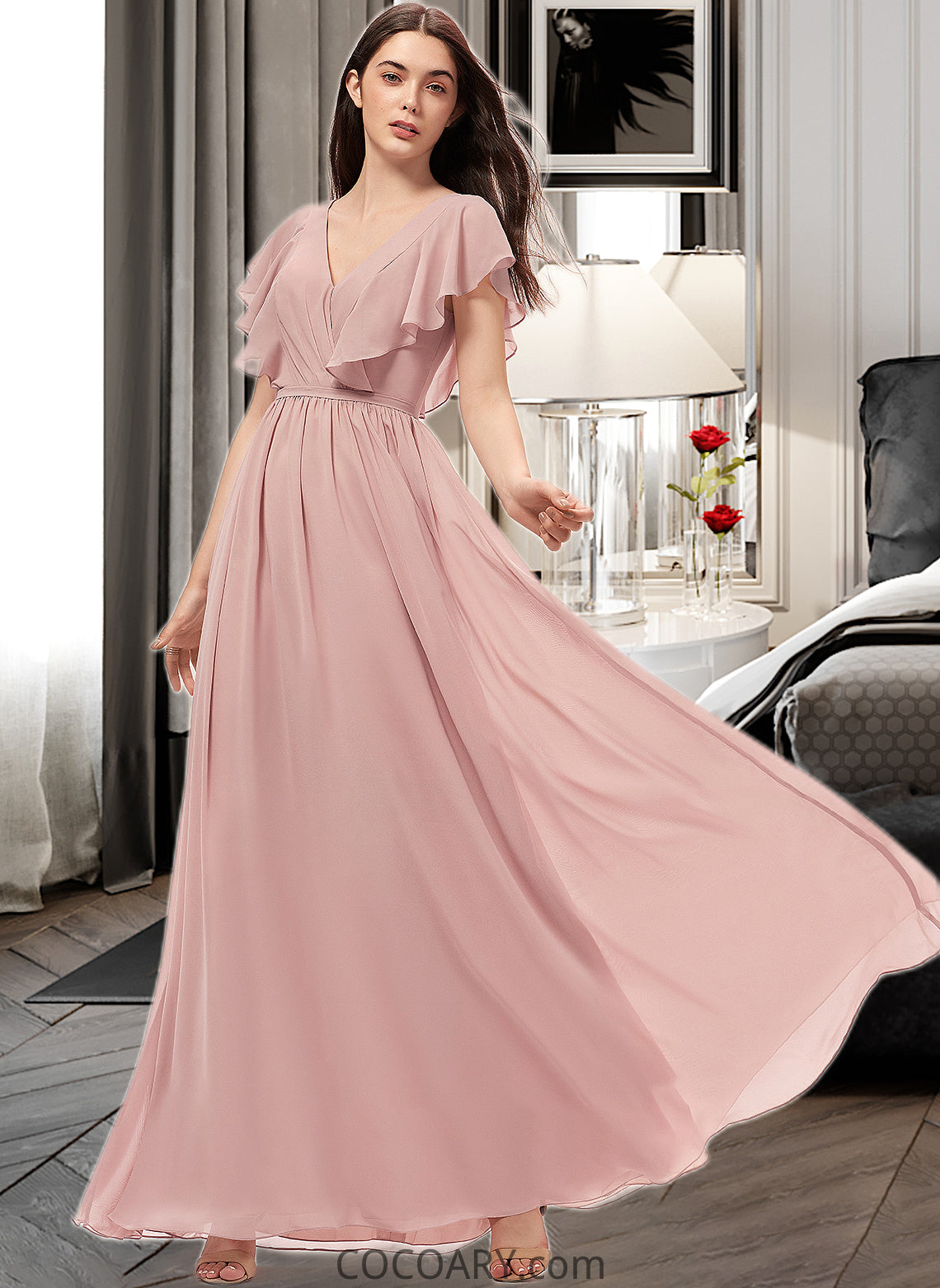 Jadyn A-Line V-neck Floor-Length Chiffon Bridesmaid Dress With Split Front DA8P0012903