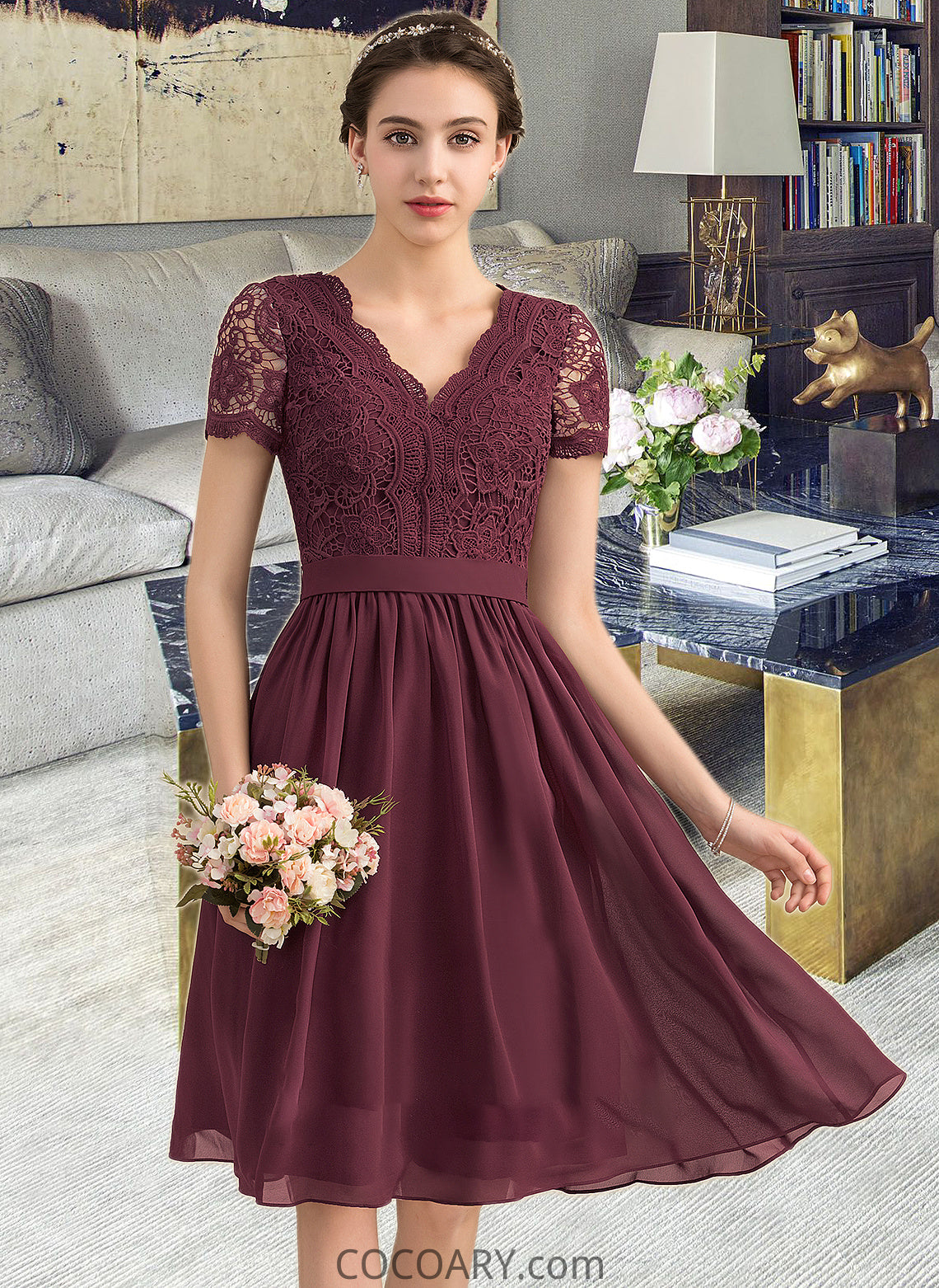 Cloe A-line V-Neck Knee-Length Chiffon Lace Bridesmaid Dress DA8P0012904