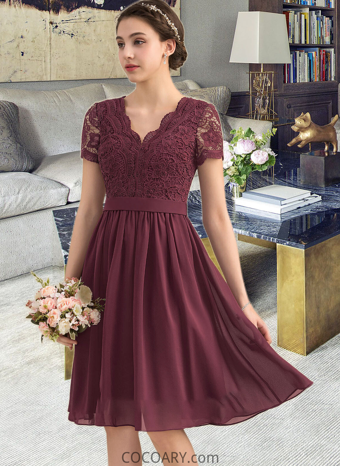 Cloe A-line V-Neck Knee-Length Chiffon Lace Bridesmaid Dress DA8P0012904