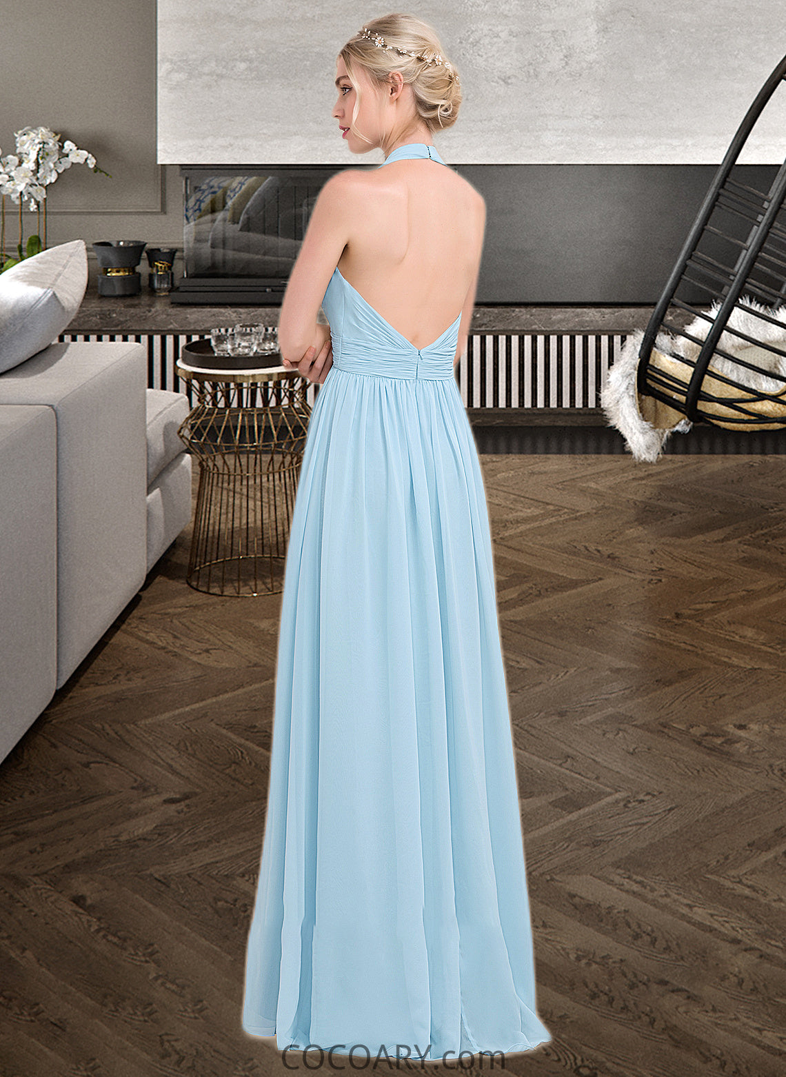 Selah A-line Halter Floor-Length Chiffon Bridesmaid Dress With Ruffle DA8P0012905