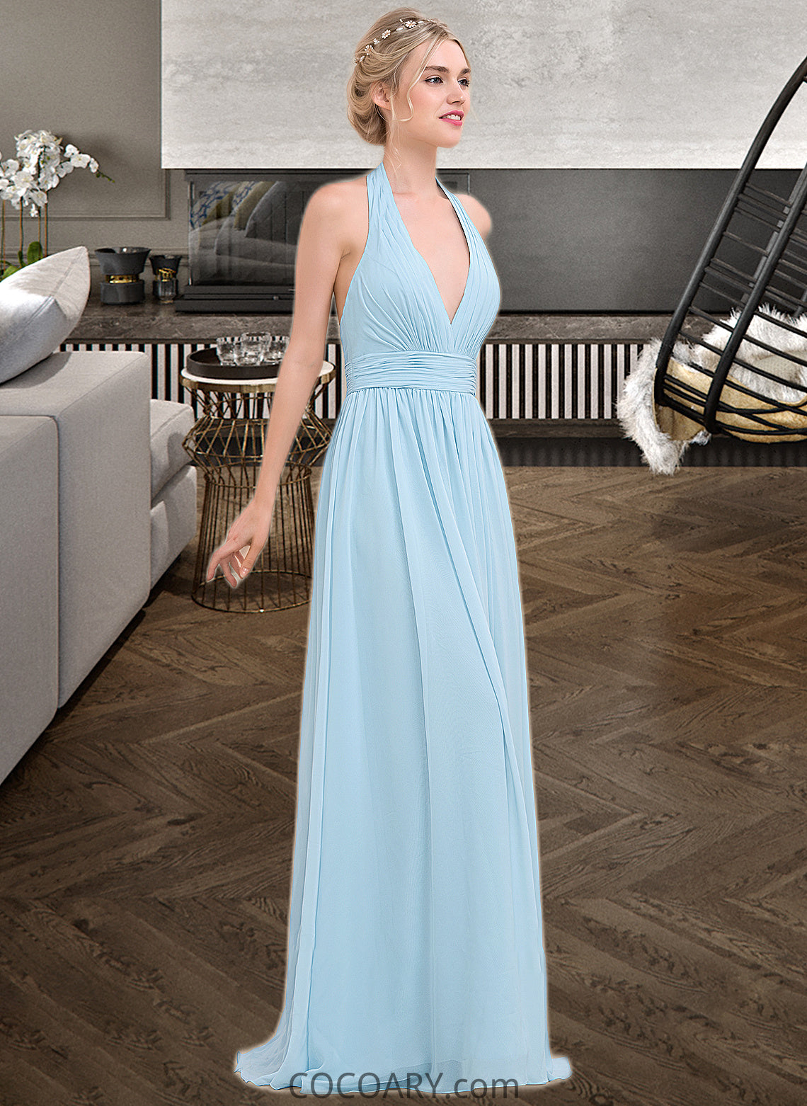 Selah A-line Halter Floor-Length Chiffon Bridesmaid Dress With Ruffle DA8P0012905