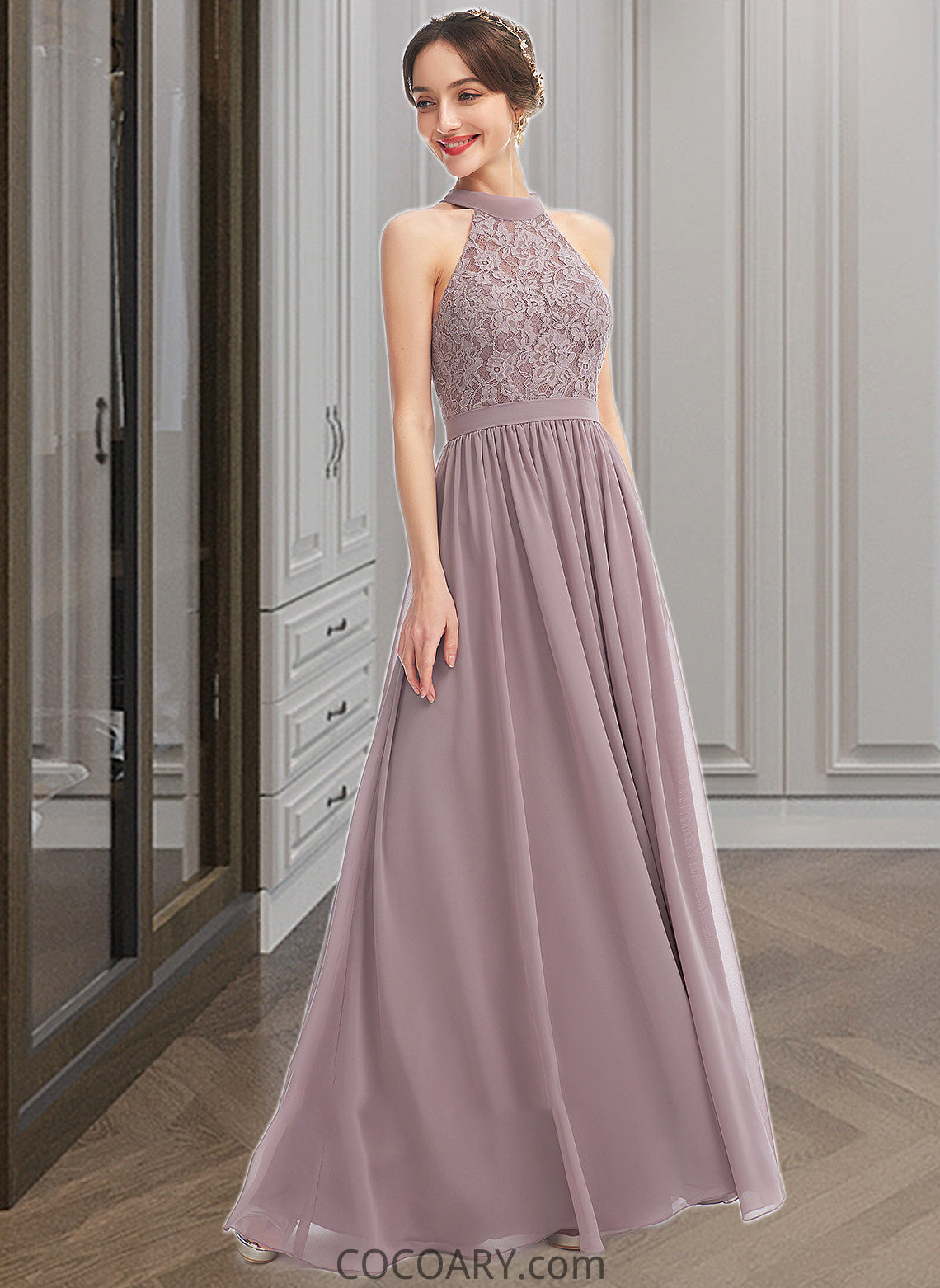 Selah A-Line Halter Floor-Length Bridesmaid Dress With Split Front DA8P0012907