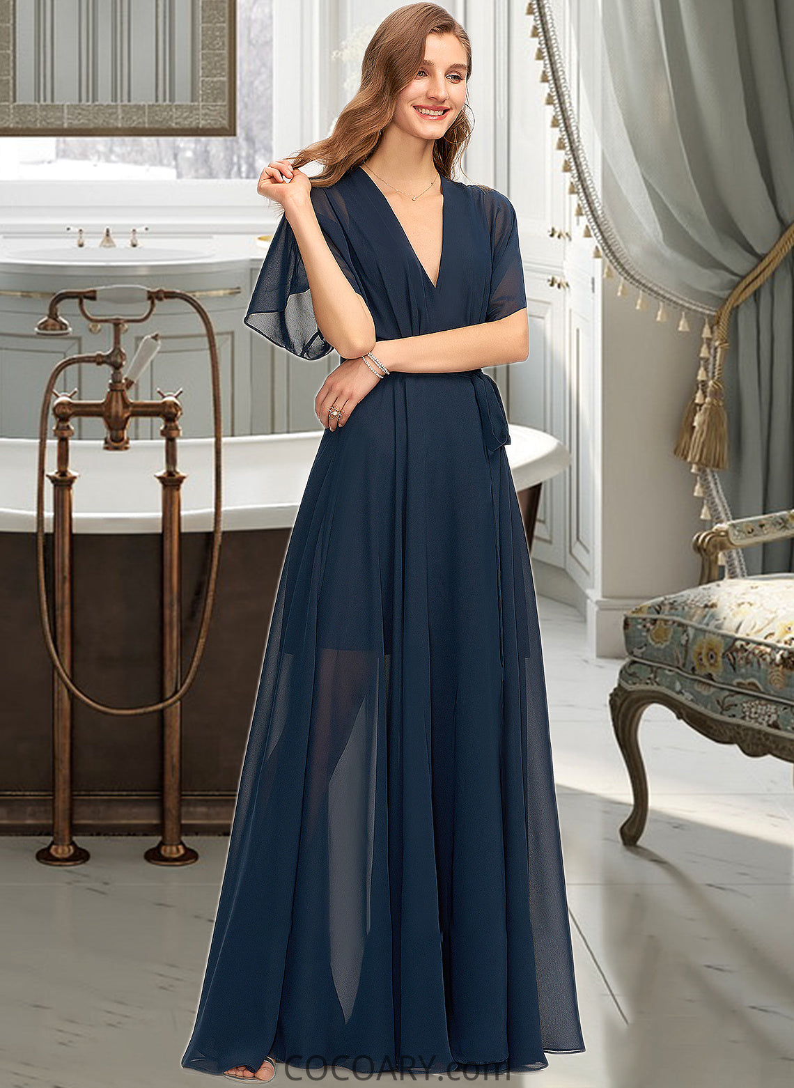 Maureen A-Line V-neck Floor-Length Chiffon Bridesmaid Dress With Split Front DA8P0012909