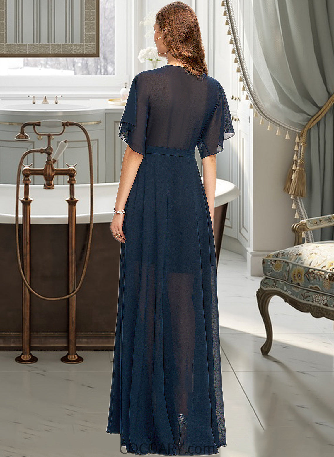 Maureen A-Line V-neck Floor-Length Chiffon Bridesmaid Dress With Split Front DA8P0012909