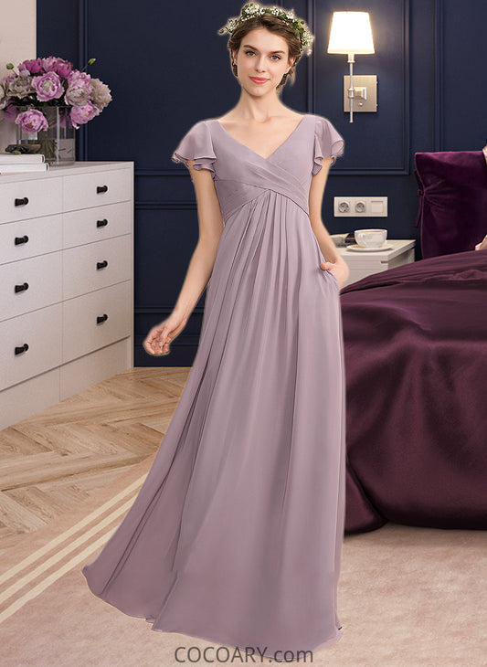 Clara A-Line V-neck Floor-Length Chiffon Bridesmaid Dress With Cascading Ruffles Pockets DA8P0012910