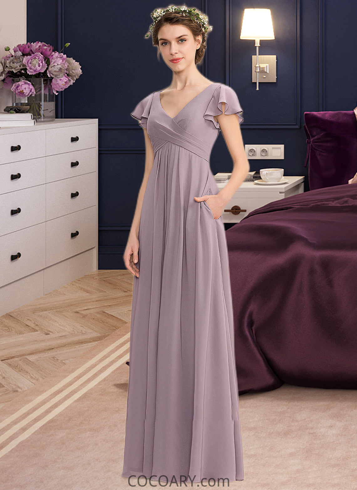 Clara A-Line V-neck Floor-Length Chiffon Bridesmaid Dress With Cascading Ruffles Pockets DA8P0012910